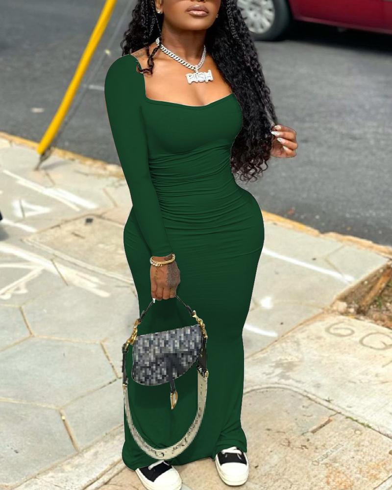 

Plain Long Sleeve Ruched Maxi Dress, Green
