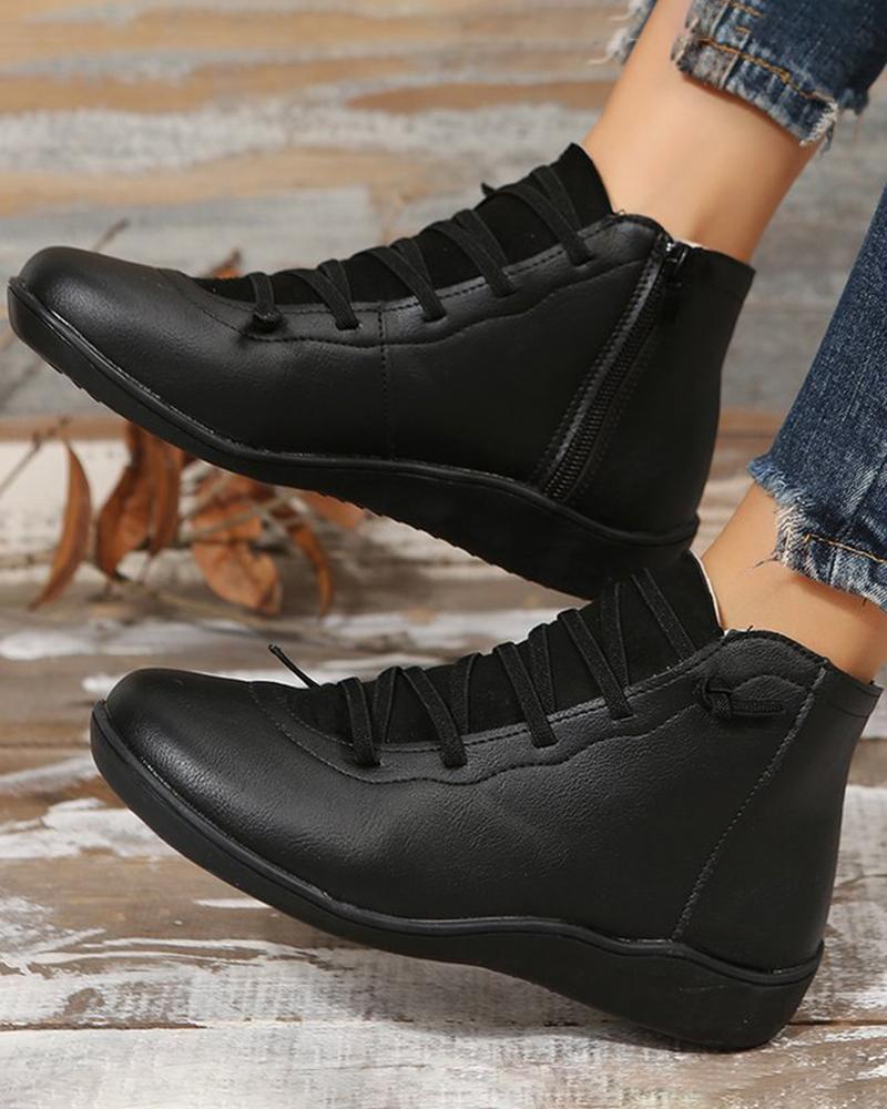 

Side Zip Lace-up Ankle Boots, Black
