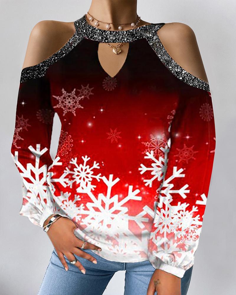 

Christmas Snowflake / Wine Glasses / Tree Print Cold Shoulder Cutout Top, Style1