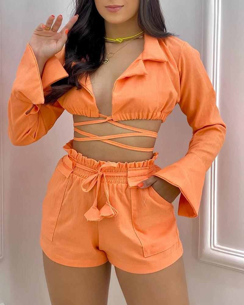 

Tied Detail Top & Shirred Pocket Design Shorts Set, Orange