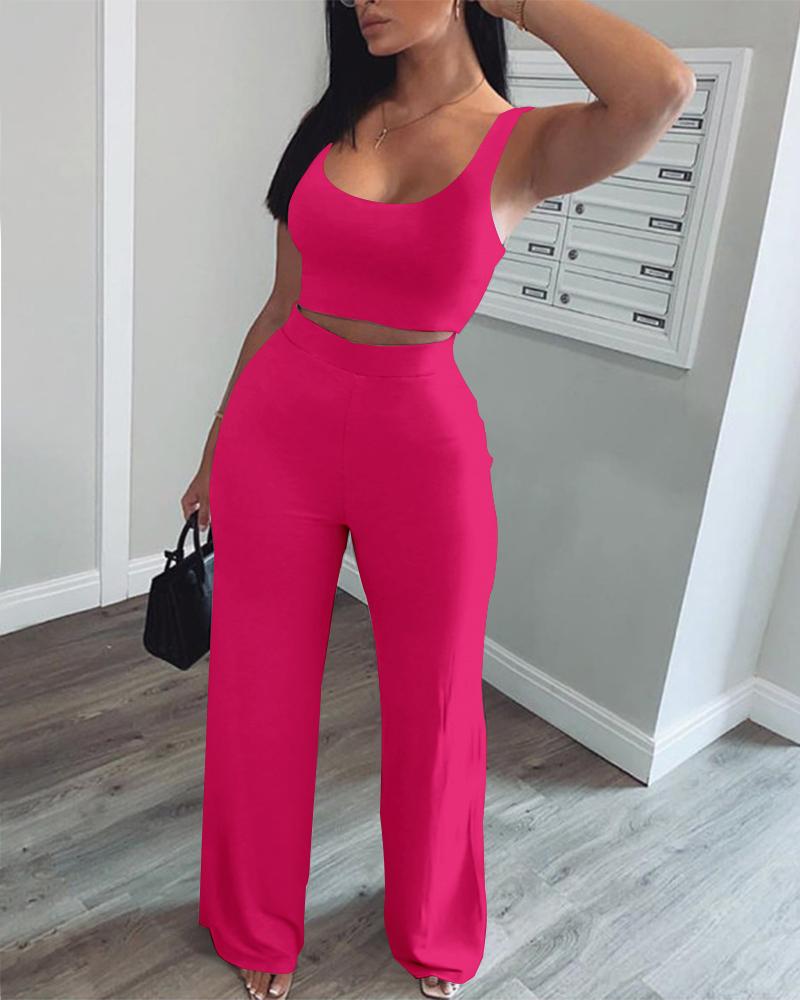 

Crop Tank Top & High Waist Pants Set, Hot pink