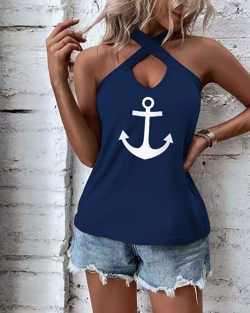 

Anchor Print Cross Halter Tank Top, Dark blue