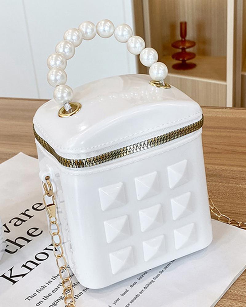 

Pearls Top Handle Square Bucket Handbag Crossbody Bag, White