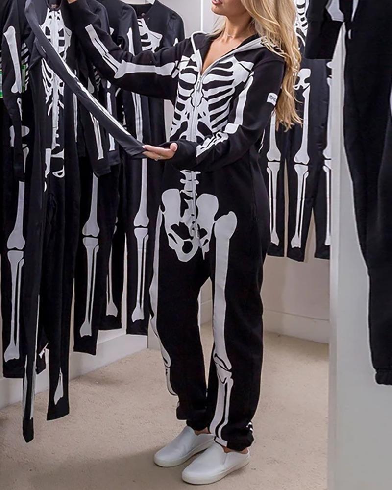 

Skeleton Print Zip Pocket Design Hooded Jumpsuit, Black
