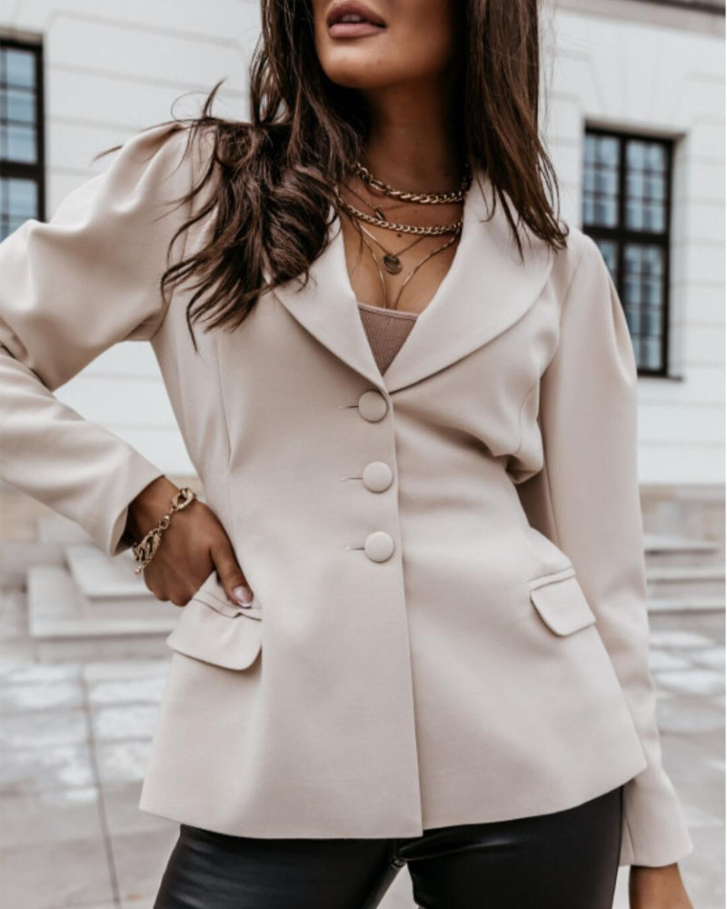 

Puff Sleeve Single Breasted Blazer Coat, Apricot