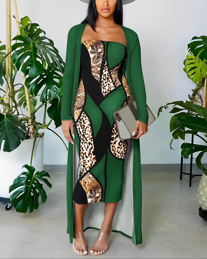 

Abstract Leopard Print Bodycon Dress With Longline Coat, Green