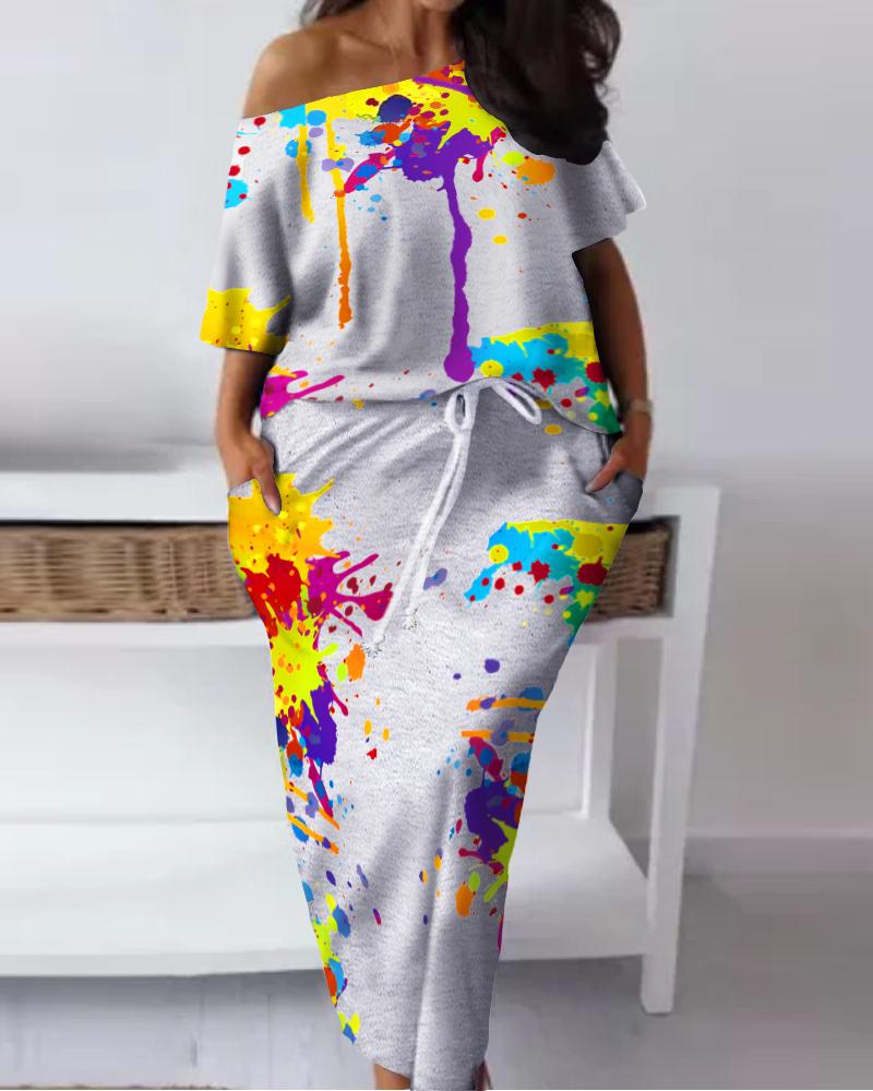 

Plus Size Ink Splash Print Top & Drawstring Skirt Set, Gray