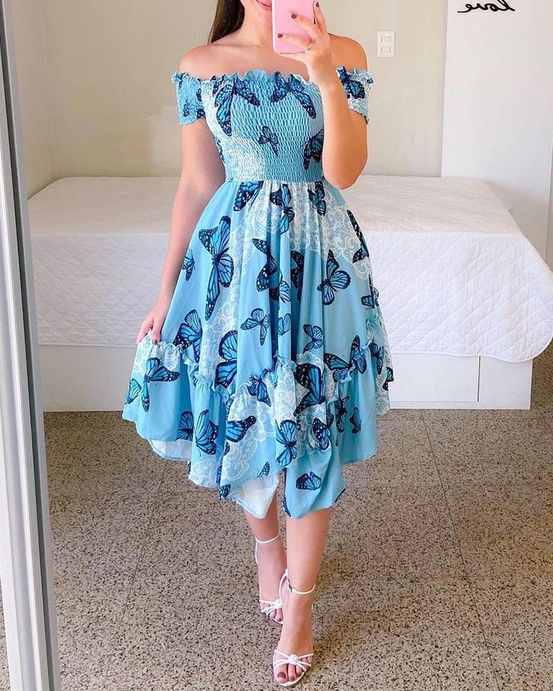 

Off Shoulder Frill Hem Butterfly Print Dress, Blue