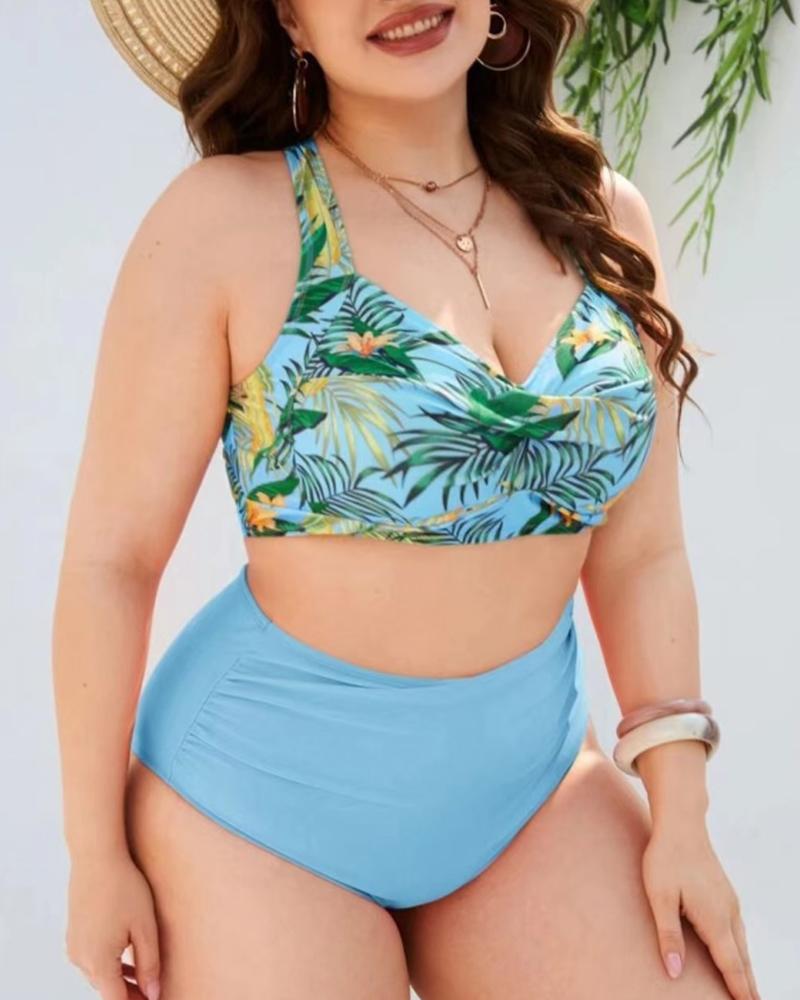 

Plus Size Tropical Print High Waist Bikini Set, Blue