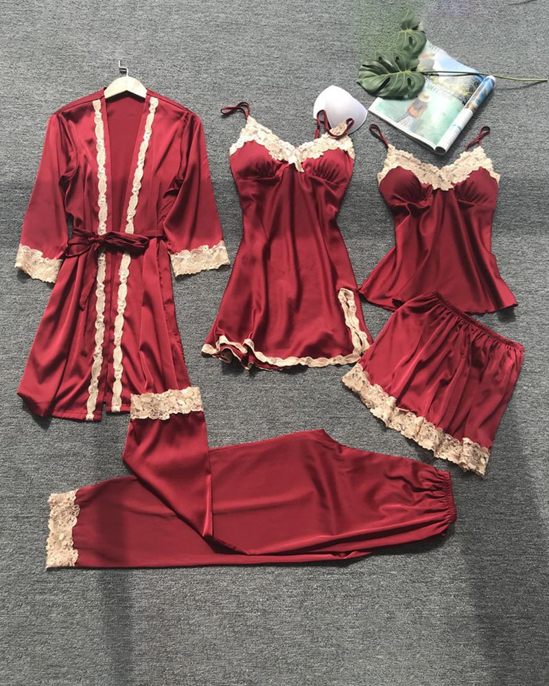 

5PCS Satin Lace Trim Sleepwear Set, Wine red