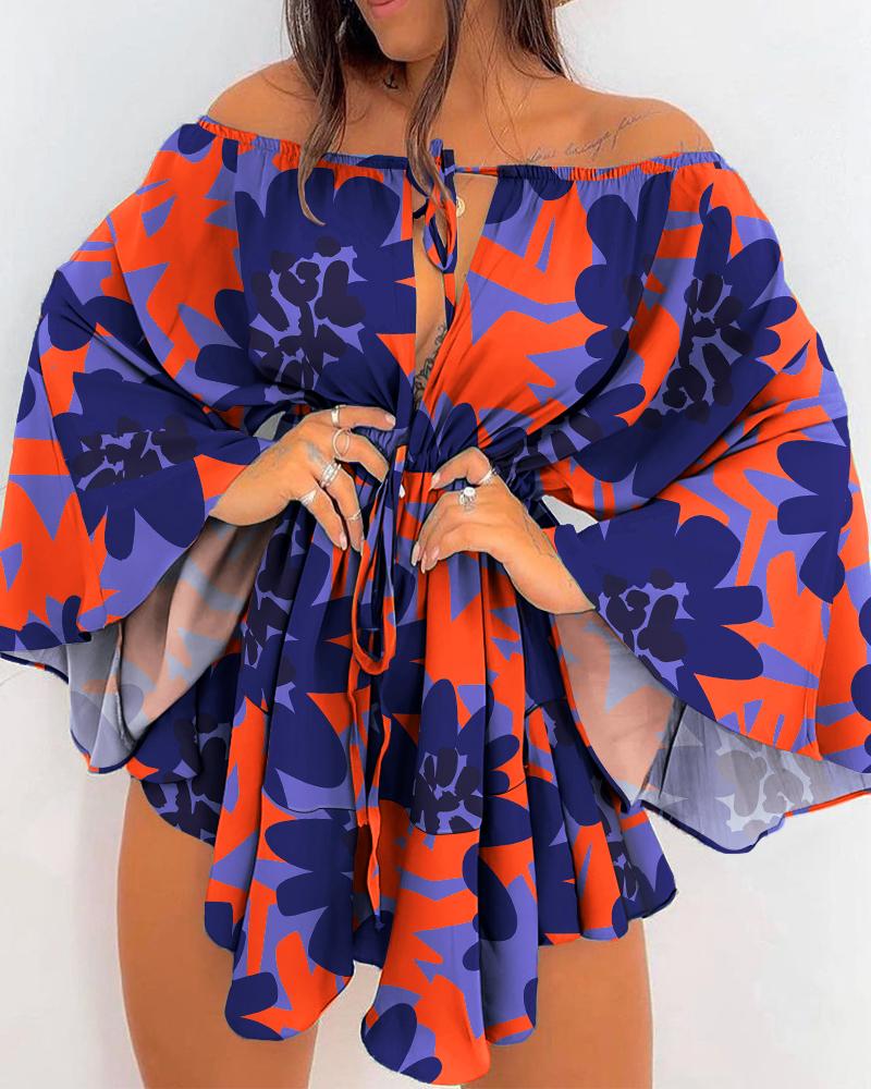 

All Over Print Off Shoulder Bell Sleeve Drawstring Dress, Multicolor