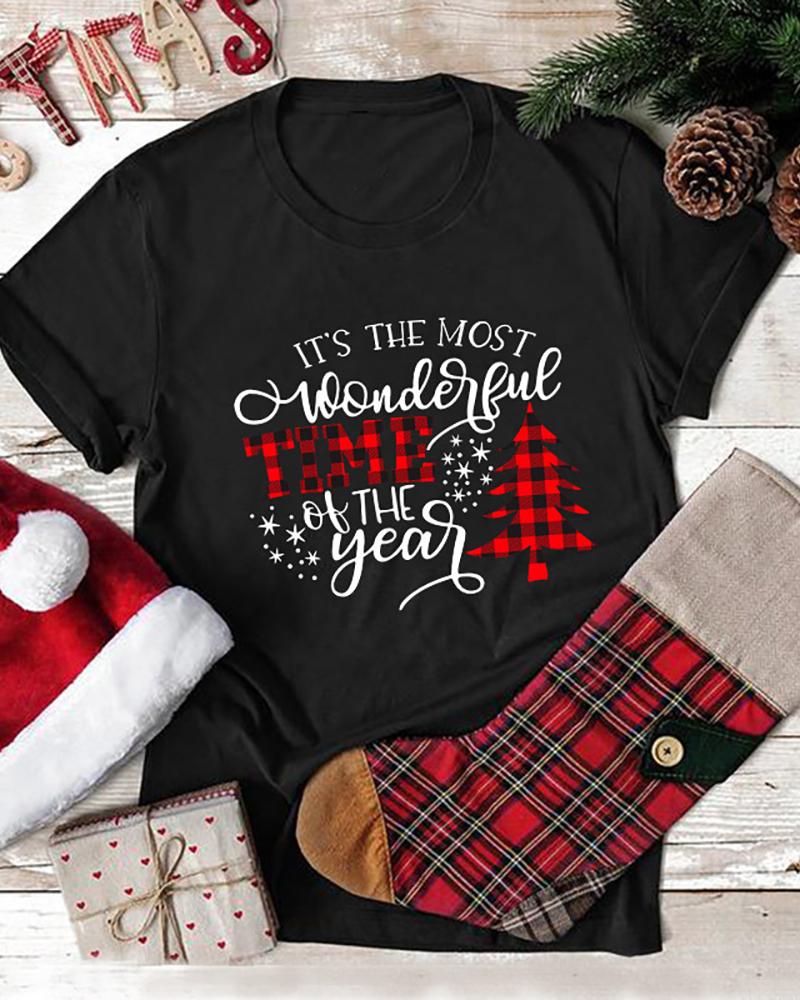 

Christmas Letter Tree Print Short Sleeve T-shirt, Black