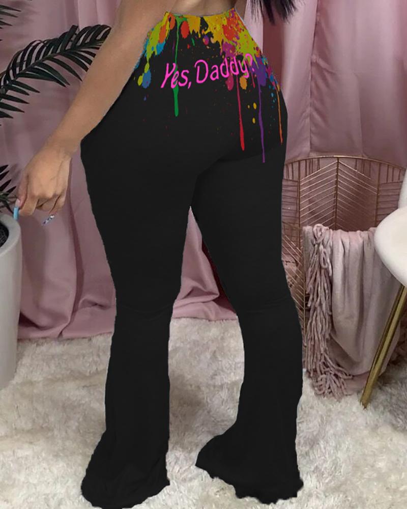 

Ink Splash Letter Print Bootcut Pants, Black