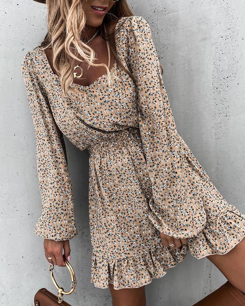 

Ditsy Floral Print Bloomer Sleeve Ruffles Skinny Waist Dress, Khaki