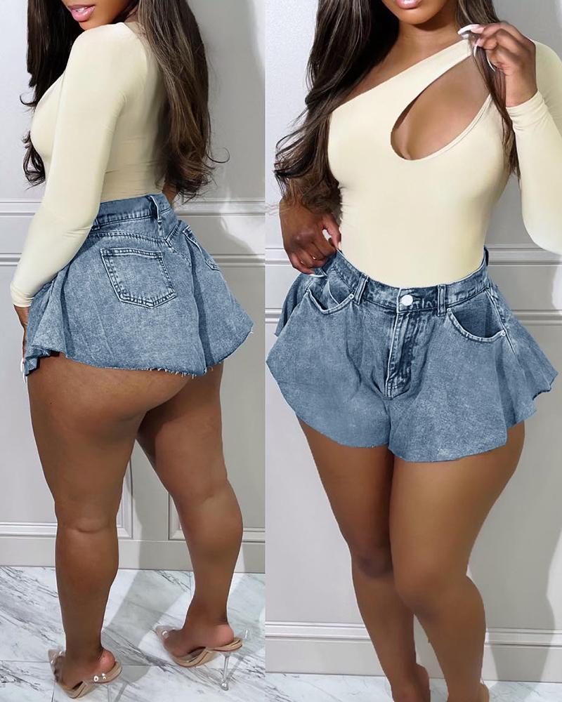 

Ruched Pocket Design Denim Shorts, Lighted blue