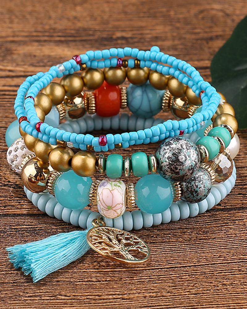 

1pc Bohemian Beaded Hollow Out Geometric Tassel Multi-layer Bracelet, Turquoise blue