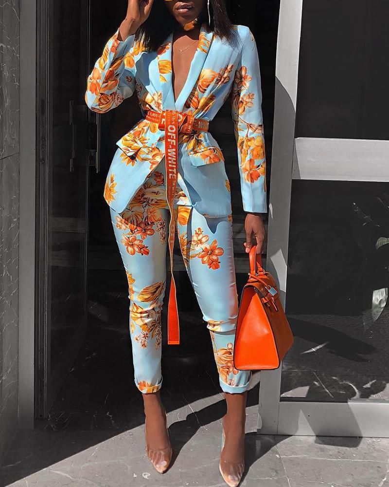 

Floral Print Shawl Collar Flap Detail Blazer & Pants Set, Blue