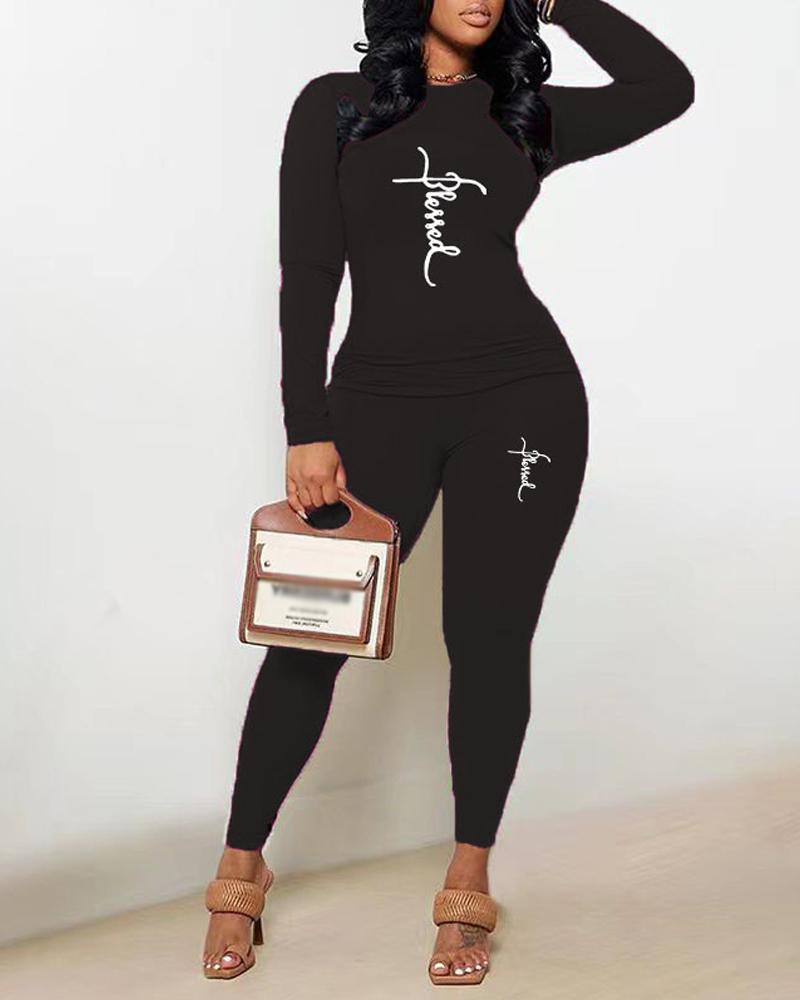 

Plus Size Letter Print Long Sleeve Casual Top & Pants Set, Black