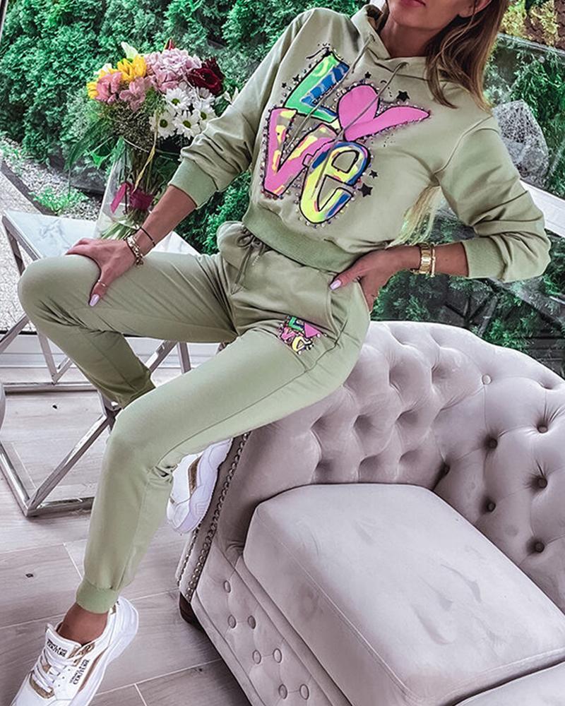 

Love Heart Letter Print Hoodie Top & Cuffed Sweatpants Set, Green