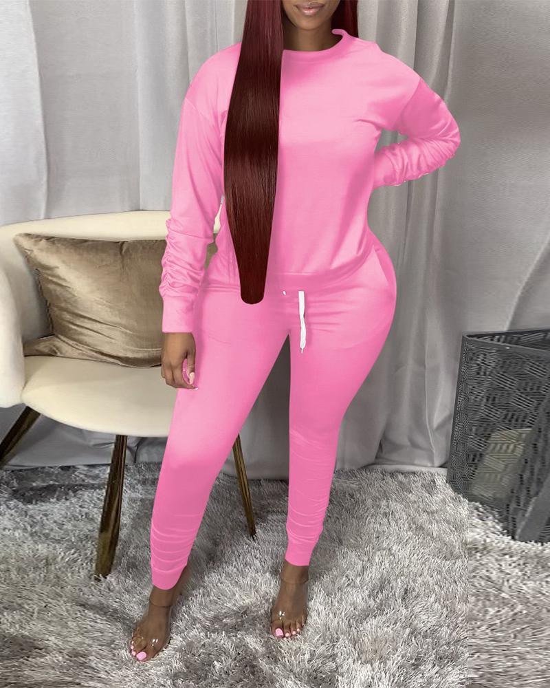 

Ruched Long Sleeve Top & Drawstring Pants Set, Pink