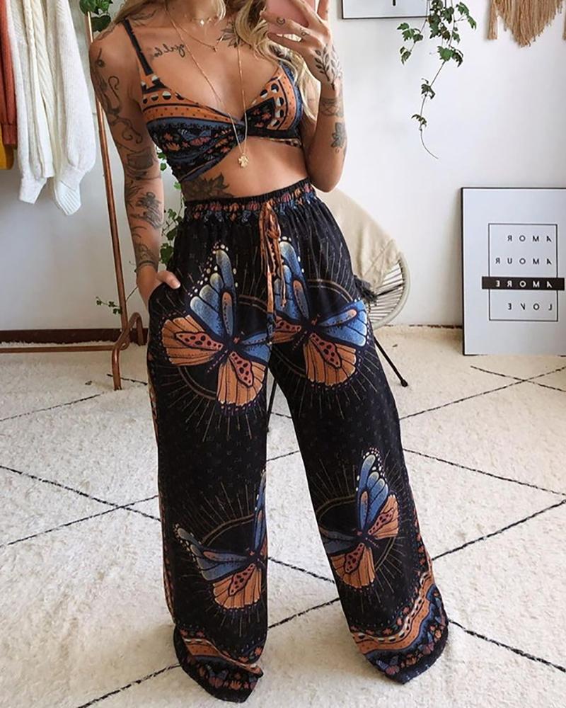 

Graphic Print Twisted Crop Top & Butterfly Print Wide Leg Pants Set, Black