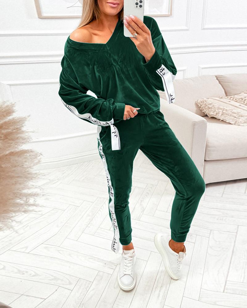 

Letter Tape Patch Long Sleeve Top & Pants Set, Green