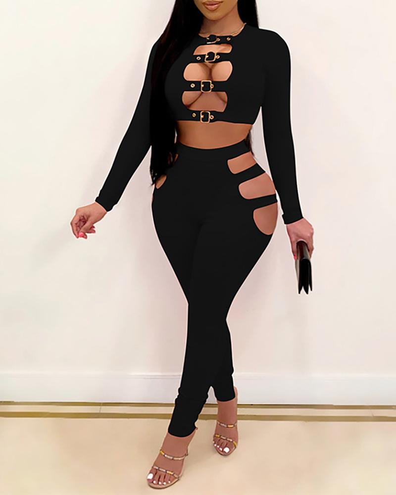 

Eyelet Buckled Ladder Cutout Top & Pants Set, Black