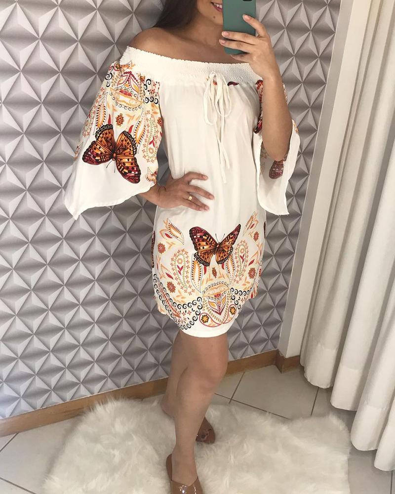 

Off Shoulder Shirred Butterfly Graphic Print Dress, Beige