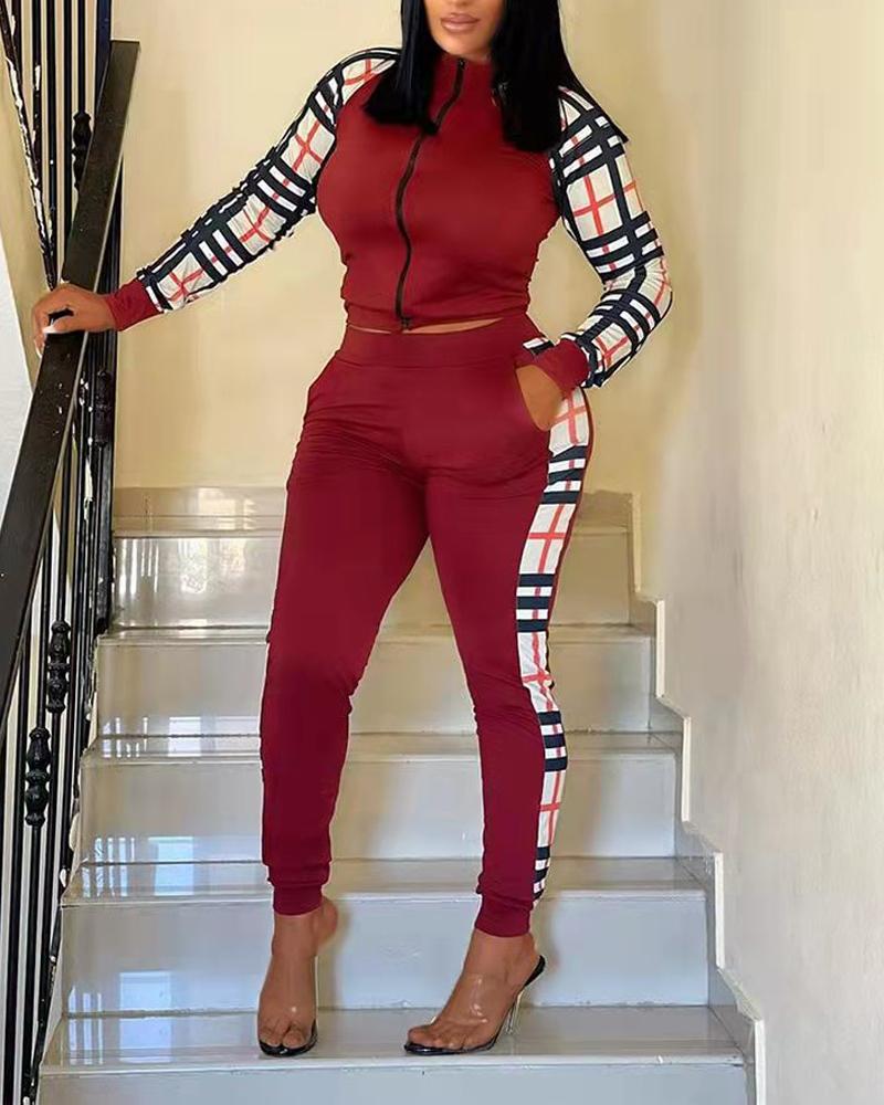 

Contrast Plaid Long Sleeve Zip Up Top & Pants Set, Red
