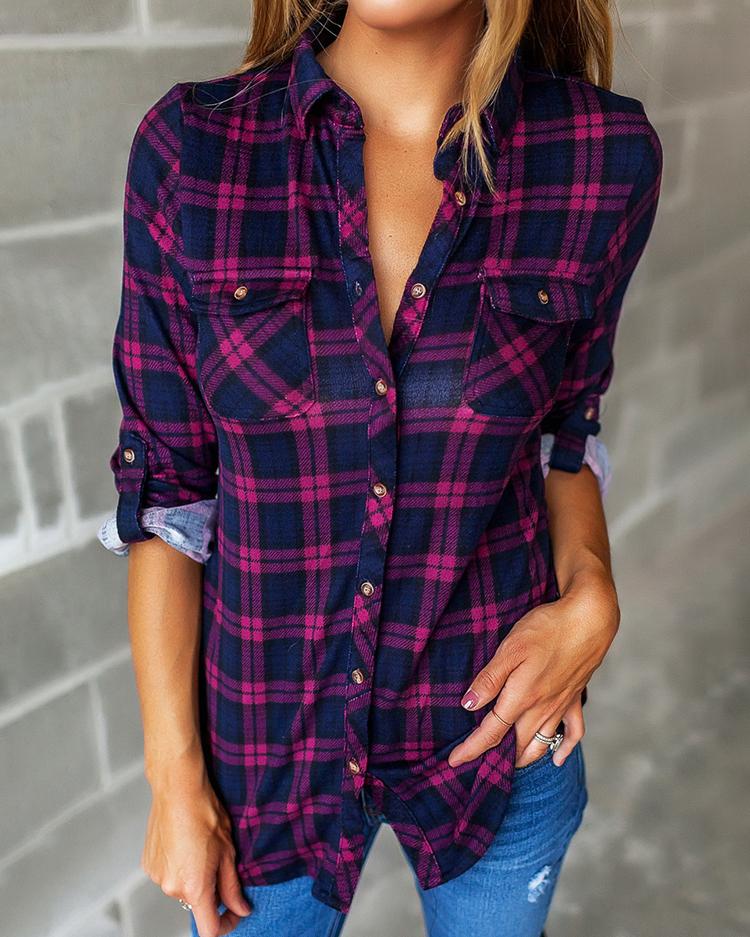 

Plaid Chest Pocket Button Design Casual Blouse, Purple