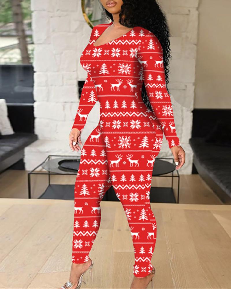 

Christmas Graphic Plants Print Cutout Long Sleeve Onesie, Style2