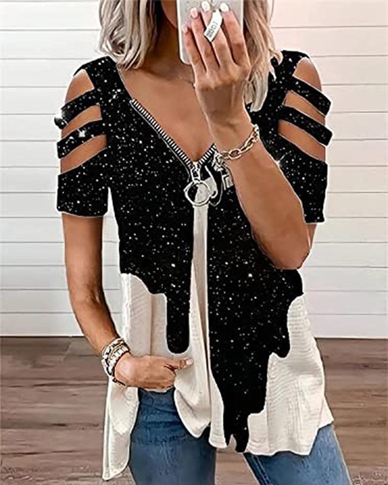 

Sparkling Sky Print Zipper Design Cutout T-shirt, Black