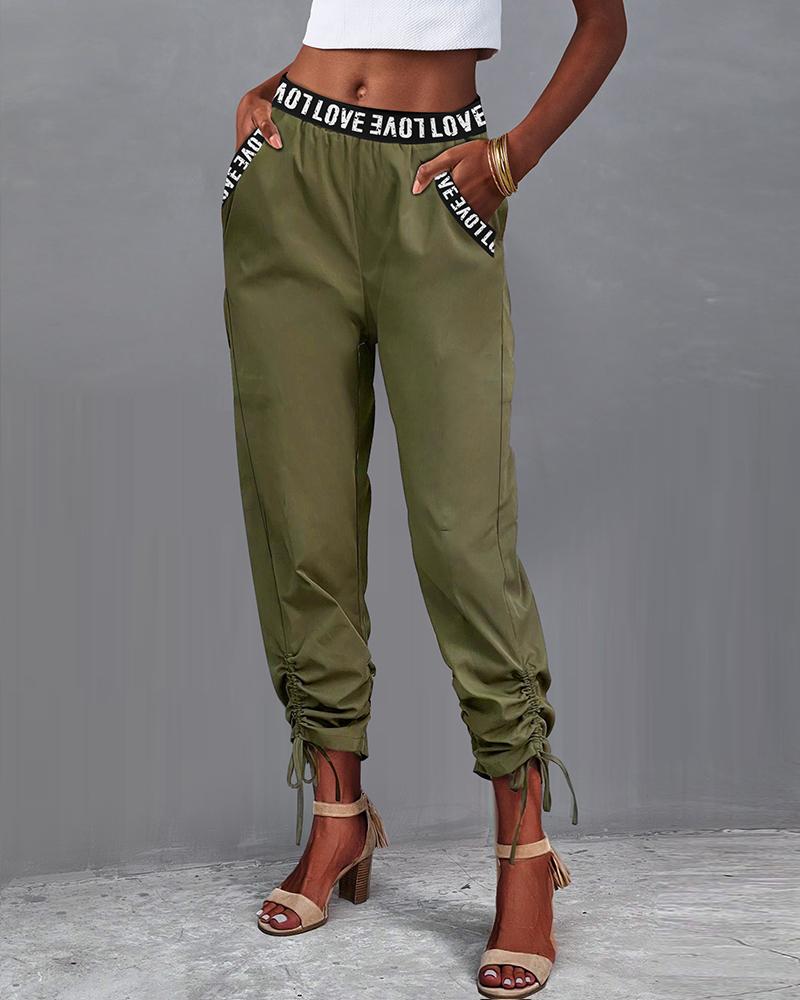 

Love Tape Patch Pocket Design Drawstring Pants, Army green