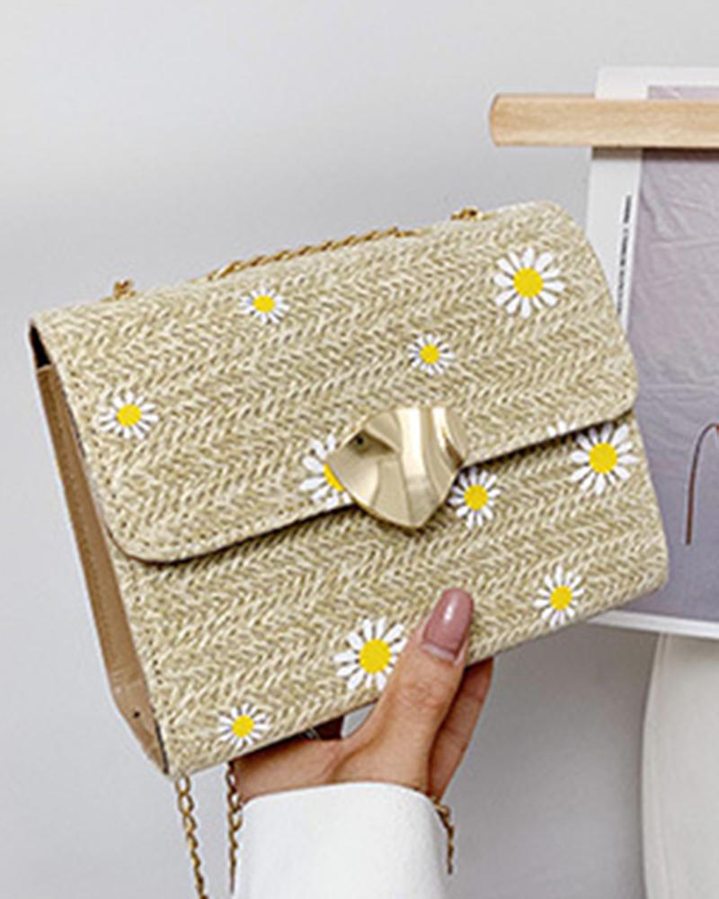 

Daisy Pattern Beach Crossbody Straw Bag, Khaki