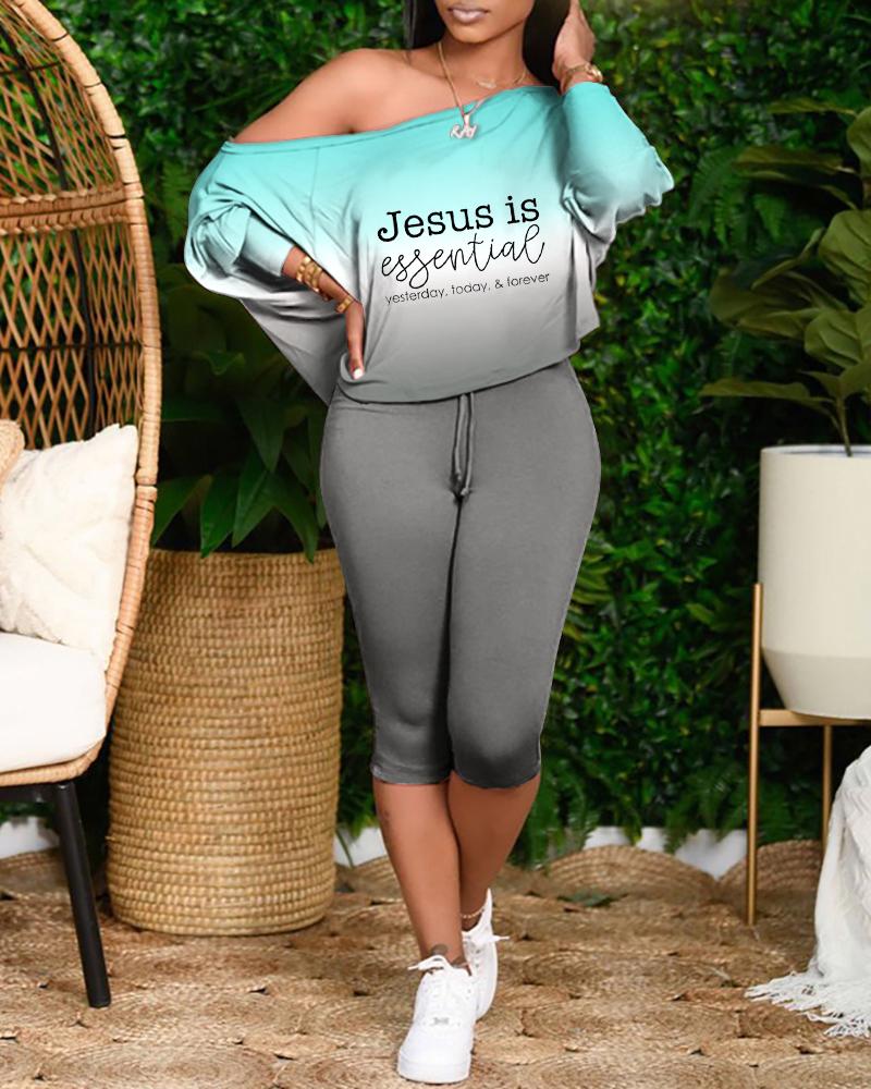

Plus Size Batwing Sleeve Gradient Letter Print Top & Drawstring Pants Set, Gray