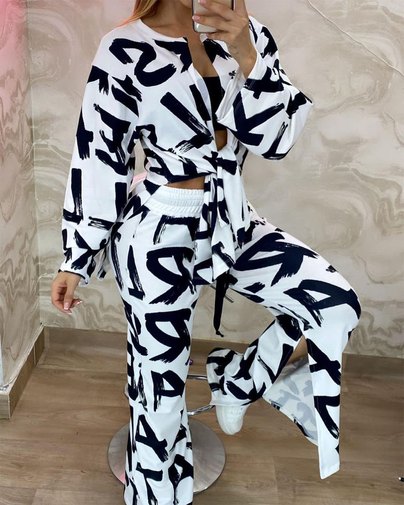 

Letter Print Long Sleeve Top & Split Hem Pants Set, White