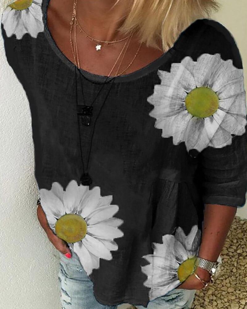 

Sunflower Print Round Neck Casual T-shirt, Black