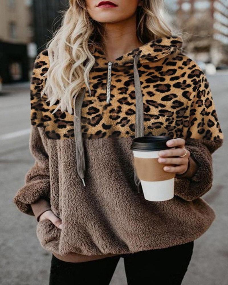 

Plus Size Contrast Leopard Long Sleeve Teddy Hoodie, Khaki
