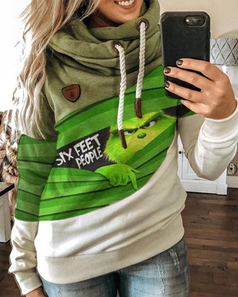 

Christmas Colorblock Grinches Print Drawstring Casual Top Long Sleeve Casual Daily Sweatshirt, Army green