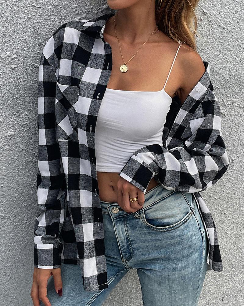 

Plaid Print Buttoned Pocket Design Casual Top, Black
