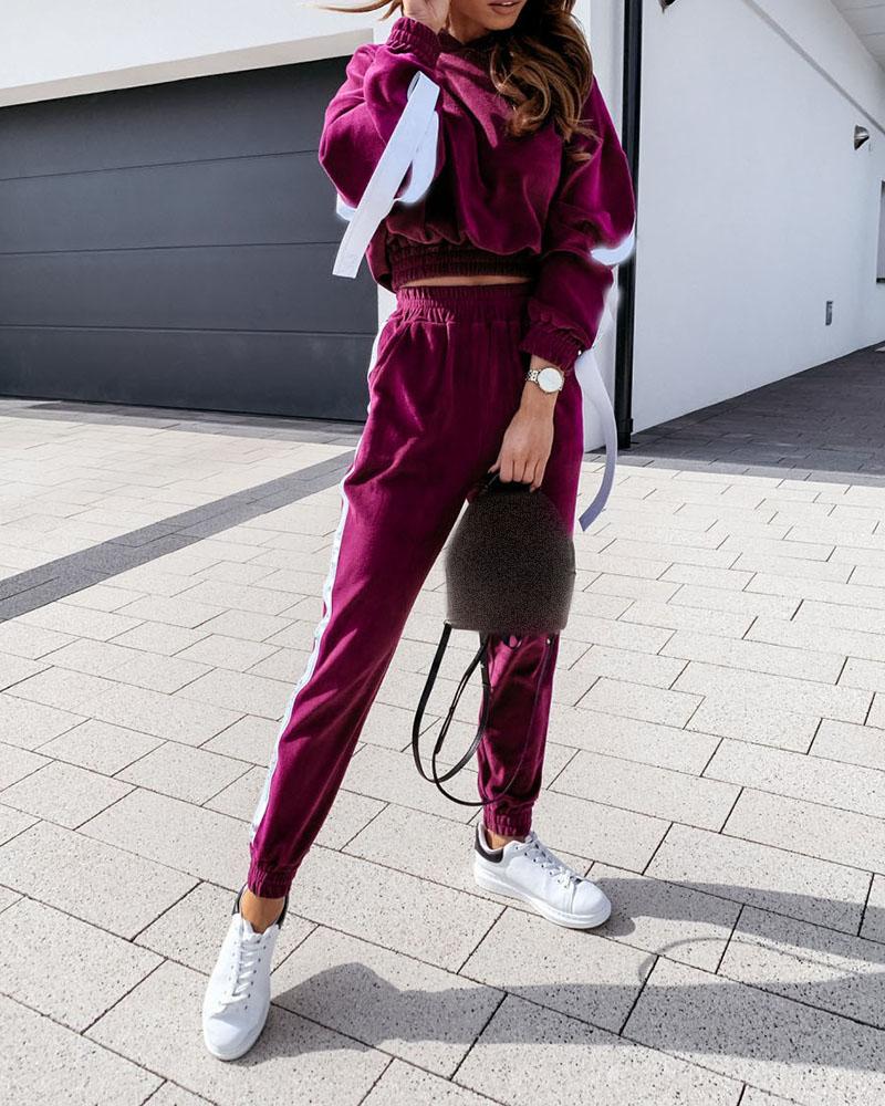 

Velvet Striped Tape Hooded Top & Pants Set, Wine red