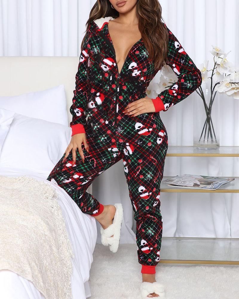 Christmas Cartoon Plaid  Pattern Lantern Sleeve Lounge Jumpsuit