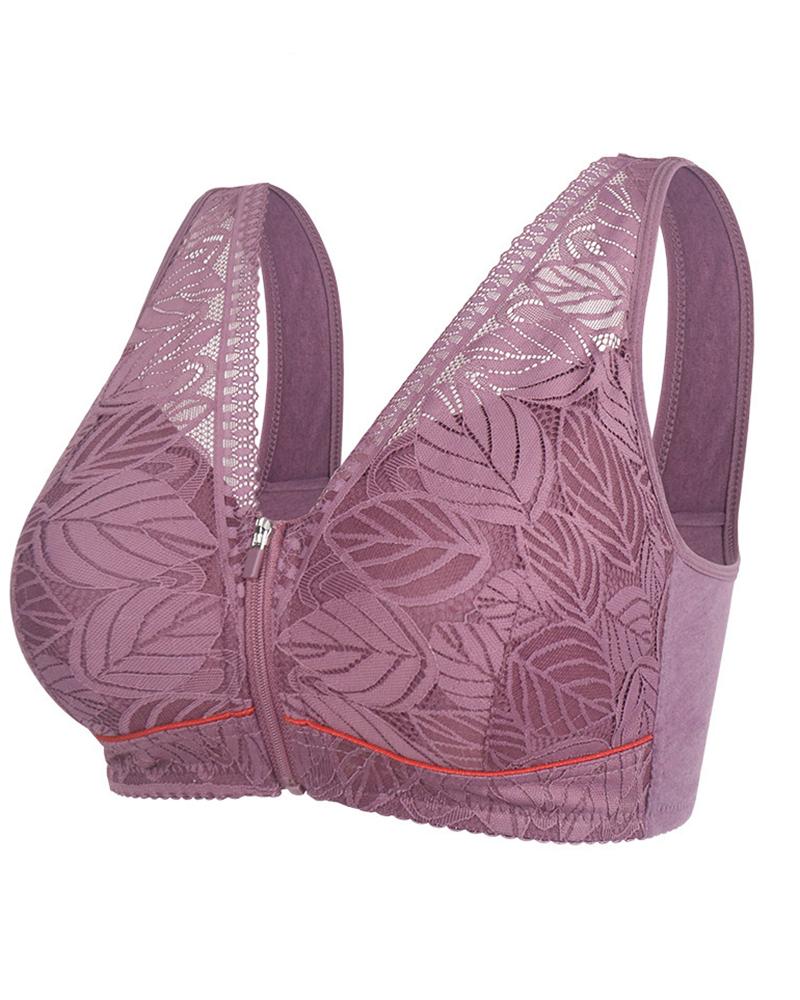 

Zip Up Leaf Pattern Wireless Lifting Bralette, Purple