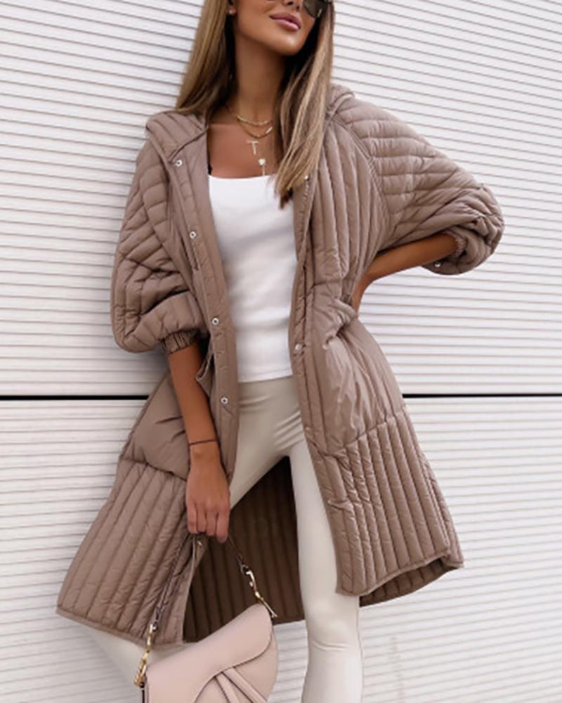 

Long Sleeve Side Slit Button Front Puffer Coat, Khaki