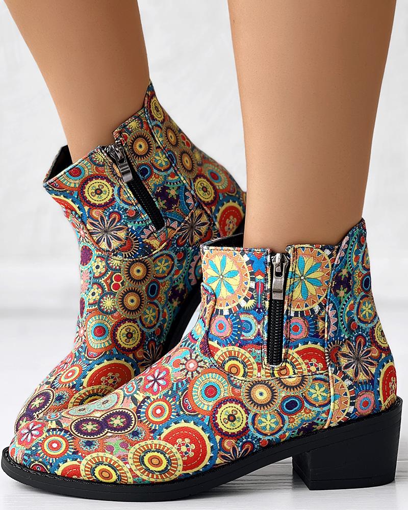 

Vintage Floral Tribal Pattern Zipper Back Ankle Boots, Multicolor