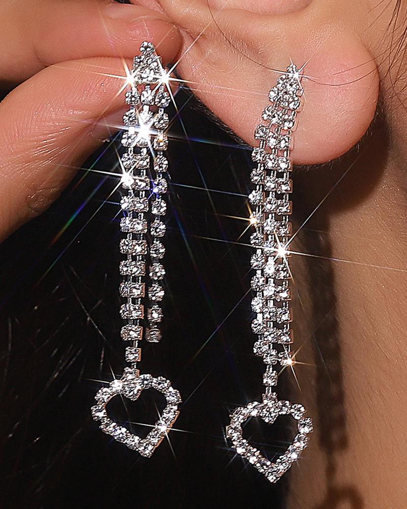 

1Pair Rhinestone Tassel Hollow Heart Dangle Drop Earrings, Silver