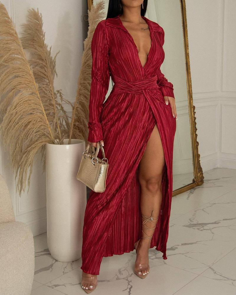 

Long Sleeve Crisscross Design High Slit Dress, Red