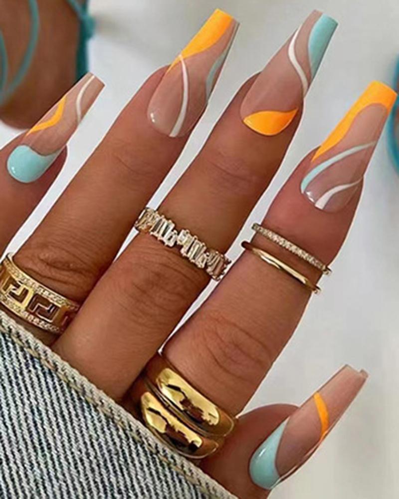 

24pcs Colorblock Fashionable Press On Fake Coffin Nails Set, Multicolor