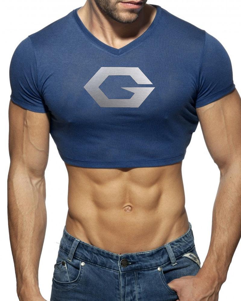 

Logo Print Short Sleeve Skinny Cropped Top, Dark blue