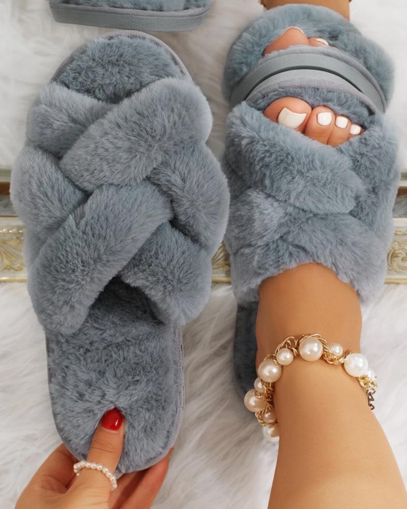 

Fuzzy Crisscross Soft Slippers, Gray